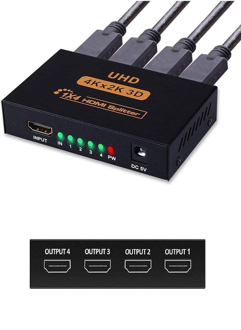 HDMI Splitter 1 In 4 Out – High-Quality 4K Ultra HD, 3D, 1080p, 2160p – Duplicates One Source to Four Displays Simultaneously