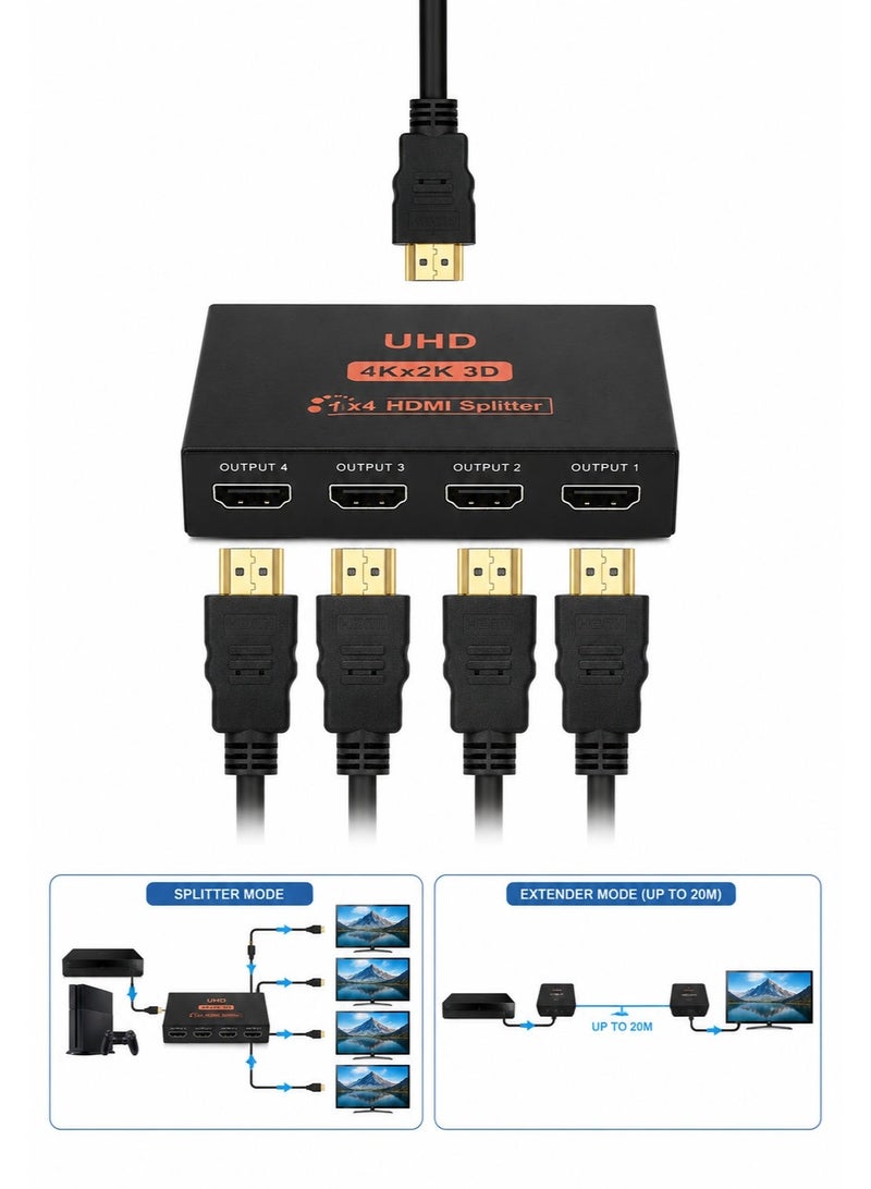 HDMI Splitter 1x4 High Quality | 4K Ultra HD 2160p, 1080p & 3D Support | Duplicates One HDMI Source to Four Displays Simultaneously | Up to 20M Extension Capability - Image 1