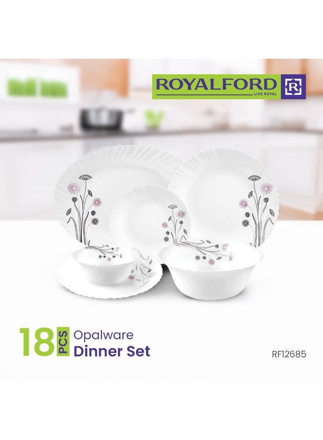 Royalford 18 Pieces Opalware Dinner Set- RF12685|  Includes Oval Plate, Flat and Soup Plates and Bowls  Dishwasher-Safe, Freezer and Microwave Safe| Chip-Resistant and Food-Grade| - Image 2