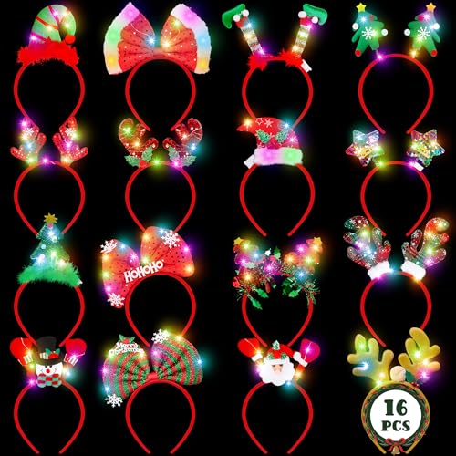 HOVACY 16 PCS Light Up Christmas Headband LED Lights Christmas Head Topper Santa Hat Reindeer Antler Tree Leprechaun Hat Bow Headpieces Bulk for Adults Xmas Holiday Party Favors Photo Supplies - Image 1
