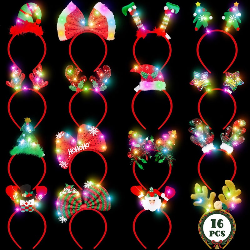HOVACY 16 PCS Light Up Christmas Headband LED Lights Christmas Head Topper Santa Hat Reindeer Antler Tree Leprechaun Hat Bow Headpieces Bulk for Adults Xmas Holiday Party Favors Photo Supplies - Image 3