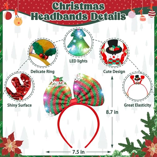 HOVACY 16 PCS Light Up Christmas Headband LED Lights Christmas Head Topper Santa Hat Reindeer Antler Tree Leprechaun Hat Bow Headpieces Bulk for Adults Xmas Holiday Party Favors Photo Supplies - Image 5