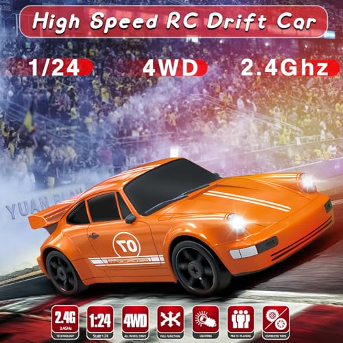 YUAN PLAN RC Drift Car 124 24GHz Remote Control Car 4WD High Speed Drifting RC Cars with Light Rechargeable Battery and Drift Tires Racing Cars Toys for Kids Adults Girl Boys Orange - Image 5