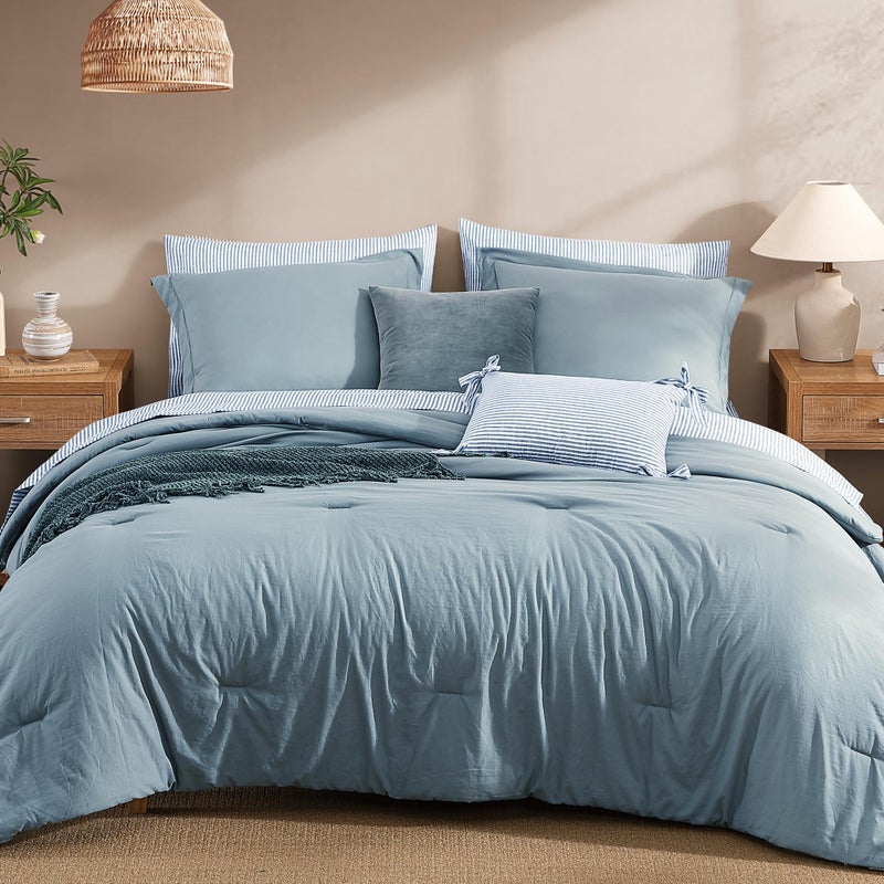 Monbix Queen Comforter Set - 7 Pieces Dusty Blue Prewashed Bed in a Bag Queen Bedding Sets with Comforters, All Seasons Ultra Soft Comforter Bed Set with Sheets,Pillowcases & Shams - Image 1