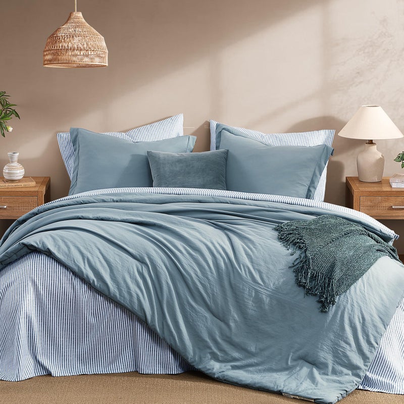 Monbix Queen Comforter Set - 7 Pieces Dusty Blue Prewashed Bed in a Bag Queen Bedding Sets with Comforters, All Seasons Ultra Soft Comforter Bed Set with Sheets,Pillowcases & Shams - Image 2