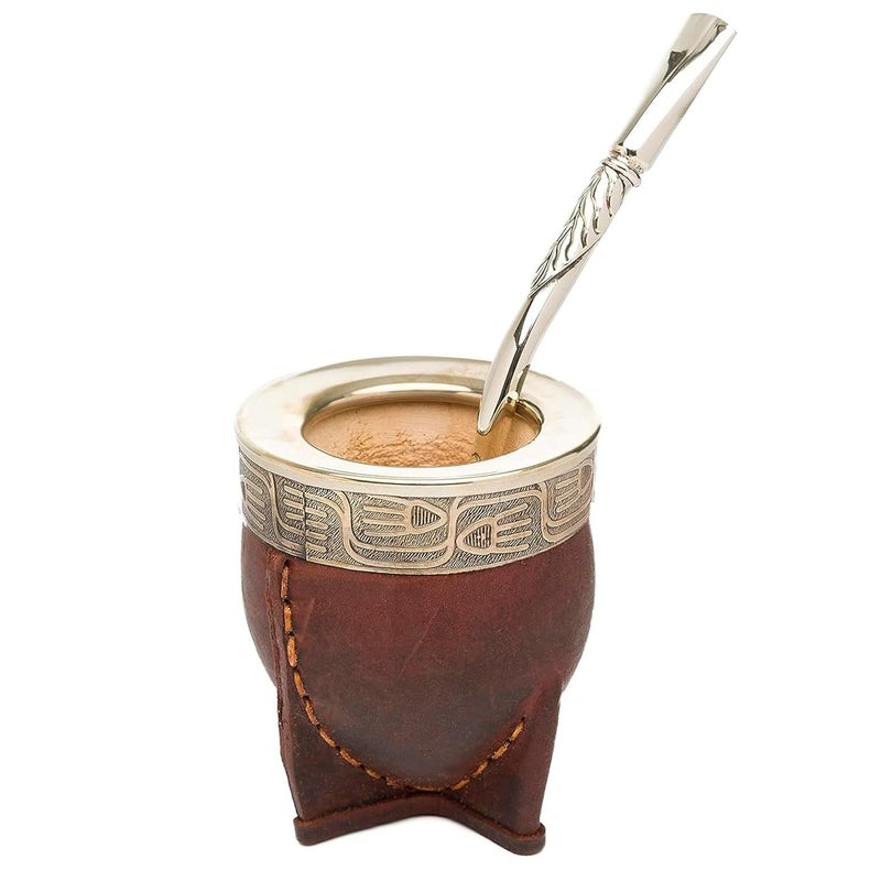 THEARG Yerba Mate Gourd Set with Stainless Steel Straw  Handmade Leather Yerba Mate Cup and Bombilla Set from Argentina  Beach Essentials  Idea for Gifts  Travel Cup Mate 