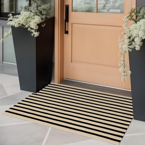 OJIA Front Door Mat Outside Entrance 24x35 Front Door Rug Washable Porch Rug Woven Striped Outdoor Rugs Entryway Rugs Indoor Small Area Rug for KitchenEntry Decor Tan and Black Outdoor Doormat - Image 1