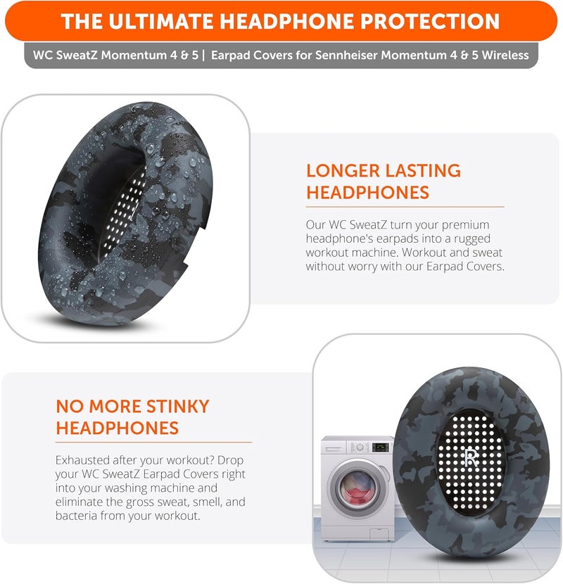 WC SweatZ Momentum 4 & 5 Patented Earpads for Sennheiser Momentum 4 & 5 Wireless Over-Ear Headphones by Wicked Cushions | Sweat Resistant and Easily Washable | Black Camo - Image 5