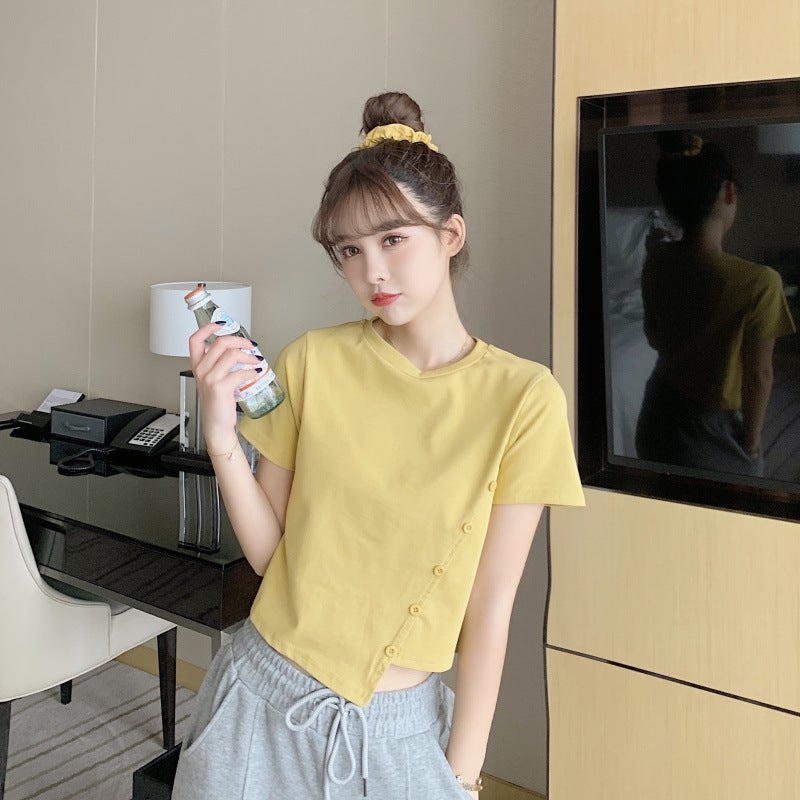 2025 Irregular Button Sweet and Spicy Style Womens Clothing Solid Color Student Short-sleeved T-shirt Womens Short Exposure Waist Top Summer Trendy Pink  - Image 3