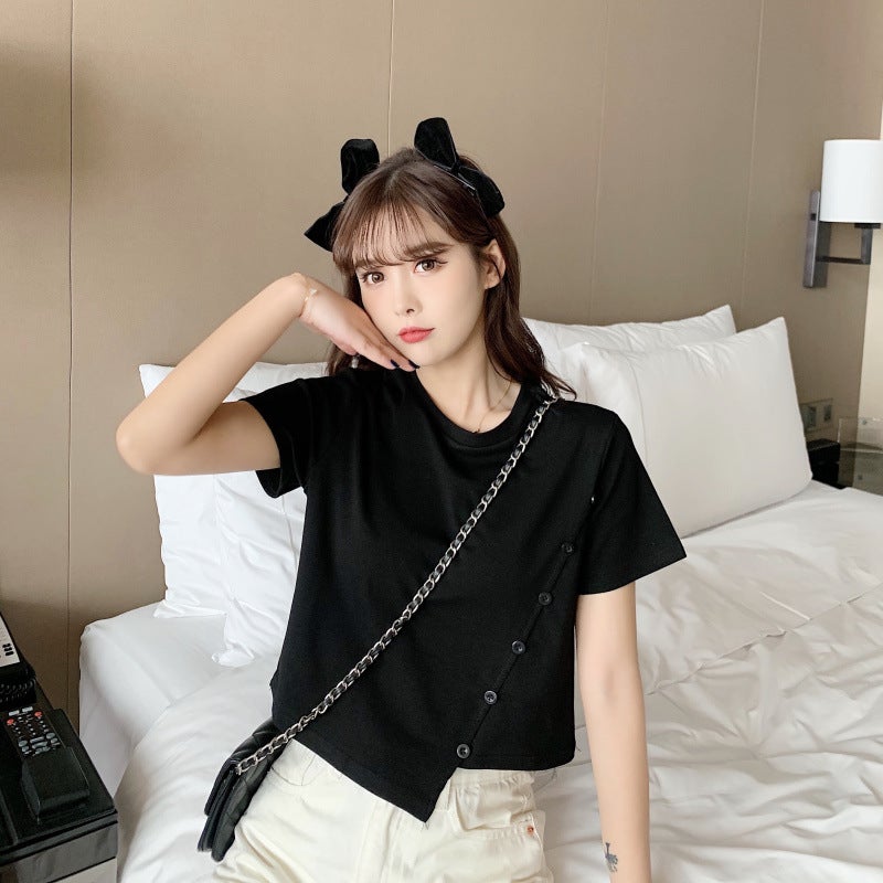 2025 Irregular Button Sweet and Spicy Style Womens Clothing Solid Color Student Short-sleeved T-shirt Womens Short Exposure Waist Top Summer Trendy Pink  - Image 4