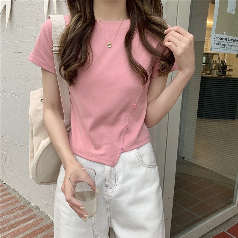 2025 Irregular Button Sweet and Spicy Style Womens Clothing Solid Color Student Short-sleeved T-shirt Womens Short Exposure Waist Top Summer Trendy Pink  - Image 1