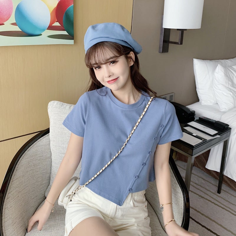 2025 Irregular Button Sweet and Spicy Style Womens Clothing Solid Color Student Short-sleeved T-shirt Womens Short Exposure Waist Top Summer Trendy Pink  - Image 2