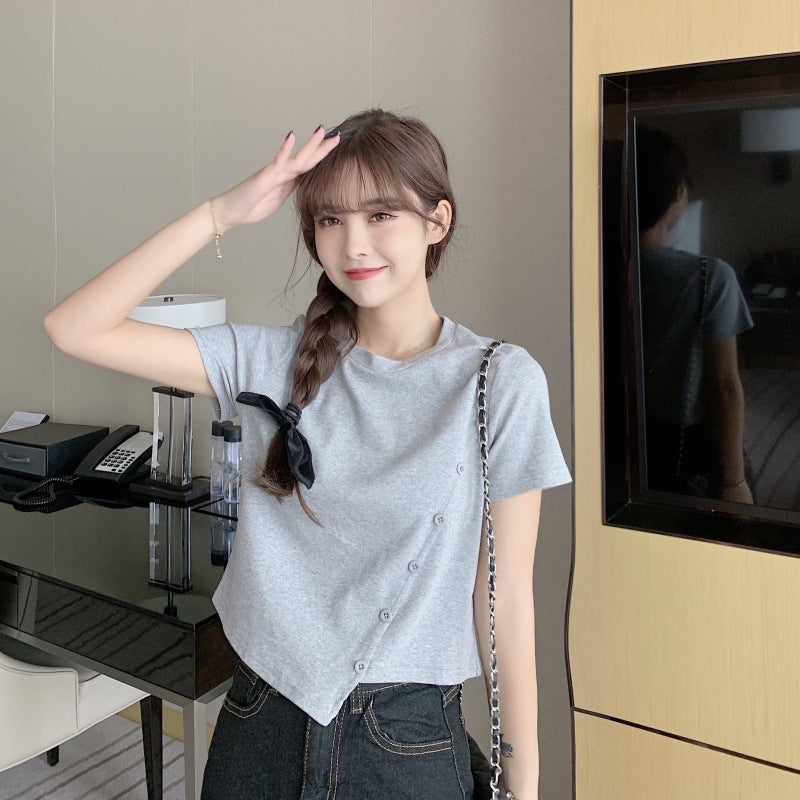 2025 Irregular Button Sweet and Spicy Style Womens Clothing Solid Color Student Short-sleeved T-shirt Womens Short Exposure Waist Top Summer Trendy Pink  - Image 5