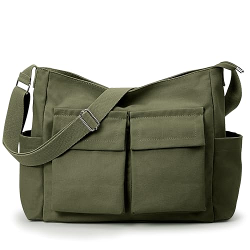 KALIDI FANCY FOREST KALIDI Canvas Tote Messenger Bag with Pockets, Large Crossbody Bags for Women or Men, Casual Canvas Shoulder Bag for College Work Travel Daily, Army Green - Image 1