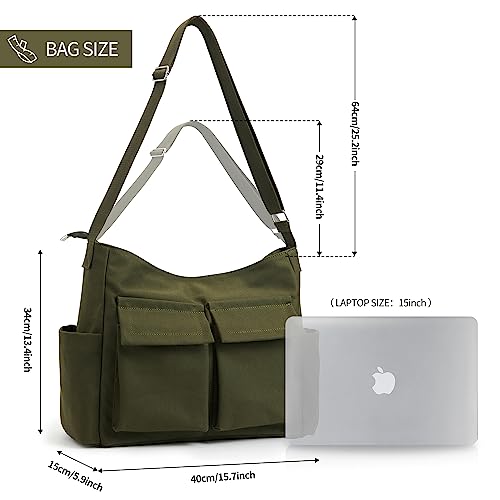 KALIDI FANCY FOREST KALIDI Canvas Tote Messenger Bag with Pockets, Large Crossbody Bags for Women or Men, Casual Canvas Shoulder Bag for College Work Travel Daily, Army Green - Image 4