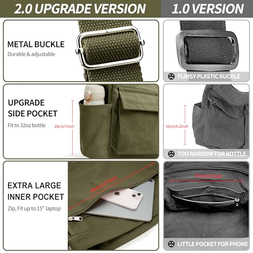 KALIDI FANCY FOREST KALIDI Canvas Tote Messenger Bag with Pockets, Large Crossbody Bags for Women or Men, Casual Canvas Shoulder Bag for College Work Travel Daily, Army Green - Image 5