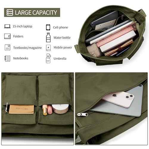 KALIDI FANCY FOREST KALIDI Canvas Tote Messenger Bag with Pockets, Large Crossbody Bags for Women or Men, Casual Canvas Shoulder Bag for College Work Travel Daily, Army Green - Image 3