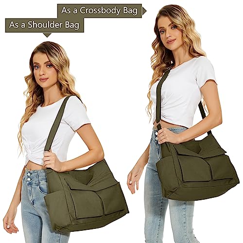 KALIDI FANCY FOREST KALIDI Canvas Tote Messenger Bag with Pockets, Large Crossbody Bags for Women or Men, Casual Canvas Shoulder Bag for College Work Travel Daily, Army Green - Image 2