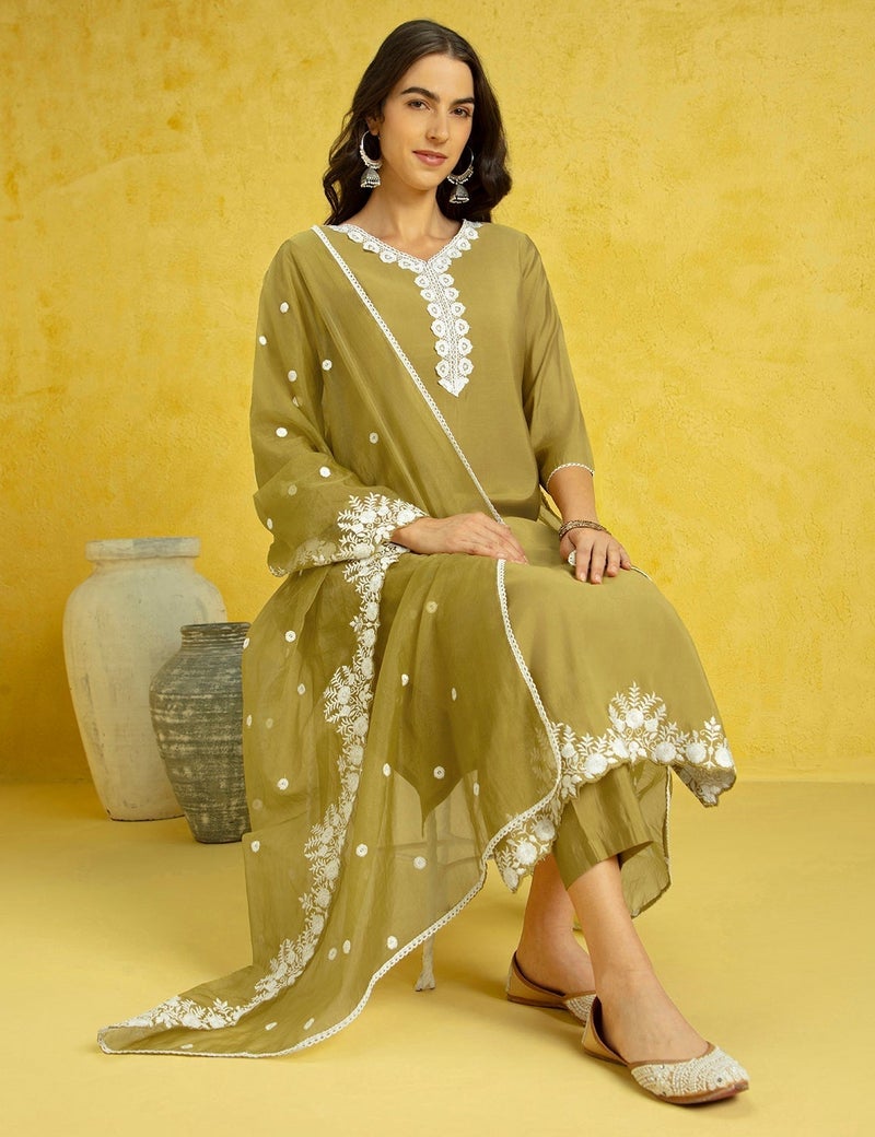 كاري طقم كورتا دانتيل نسائي مستقيم مع أورغانزا دوباتا - Image 5