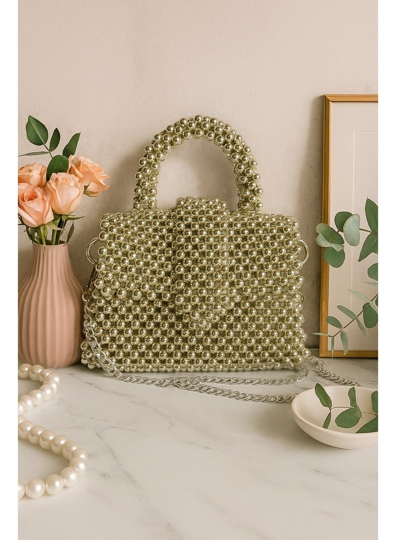 Handmade Silver Beaded Handbag, Shoulder Bag, Cross-body Bag, top handle, long silver-tone chain, magnetic flap closure
