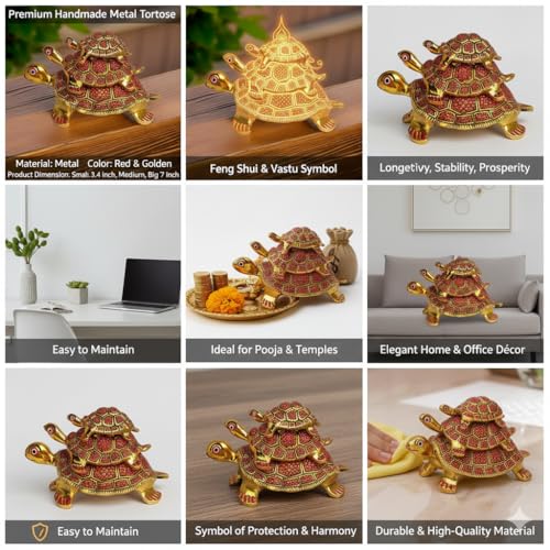 Salvus APP SOLUTIONS Handmade Metal Tortoise/Turtle Feng Shui Showpiece for Pooja, Temple, Office & Home Decor & Vastu, Symbol of Good Luck (Red & Gold) - Image 3