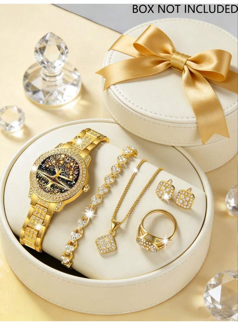 Luxury Women’s Quartz Watch Set Embellished with Crystals with Complete Jewelry Accessories – 6 Pieces - Image 1