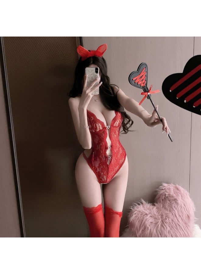 RED Lace heart-shaped diamond button one-piece sexy one-piece underwear - Image 2
