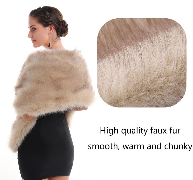 SAFERIN Women's Winter Faux Fake Fur Straight Wedding Halloween Party Custume Accessory Scarf Wrap Collar Shawl Shrug(Wrap-Beige) - Image 3