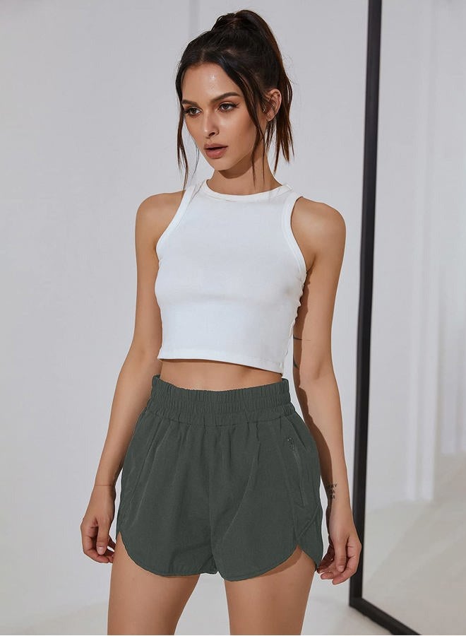 BMJL Women's Running Shorts Elastic High Waisted Shorts Pocket Sporty Workout Shorts Quick Dry Athletic Shorts Pants, Summergreen, XL - Image 2