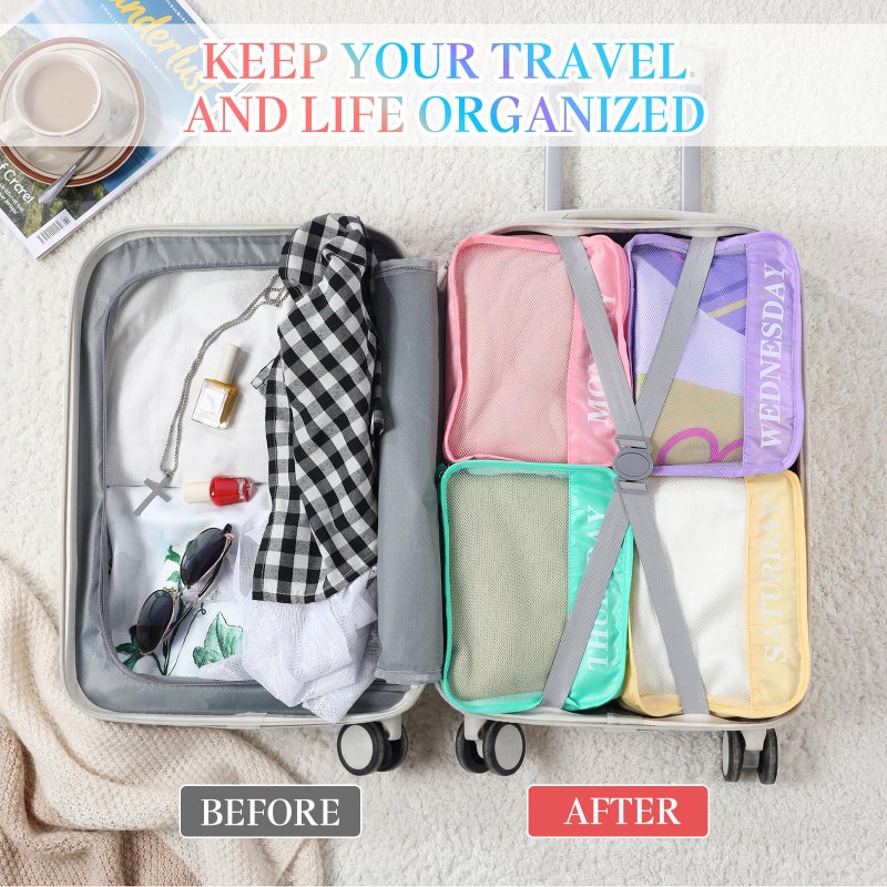 Yeyeplum Days of Week Packing Cubes Weekly Organizer Travel Storage Bag School Clothes for Kids Summer Camp Family(9x7x3inch,Macaron,15) - Image 4