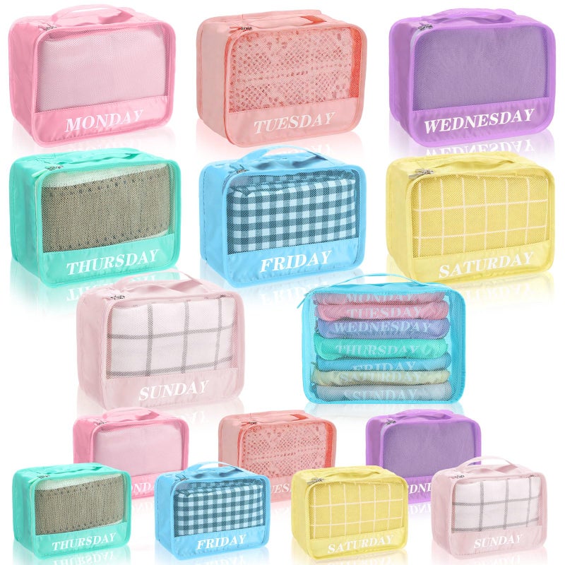 Yeyeplum Days of Week Packing Cubes Weekly Organizer Travel Storage Bag School Clothes for Kids Summer Camp Family(9x7x3inch,Macaron,15) - Image 1