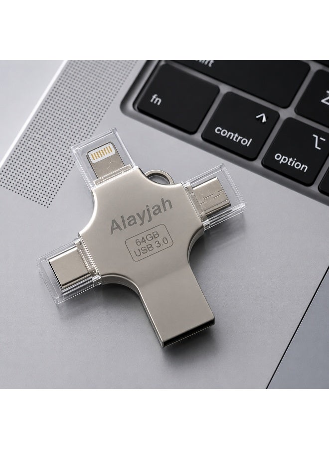 العييجة ضمان سنة, فلاش ميموري معدني 4 في 1،  ضمان سنة، نوع-C، USB، Micro USB، لايتنينغ – متوافق مع أجهزة آبل، سامسونج وأندرويد، سعة 64 جيجابايت  + بطاقة هدية مجانية   10500100 - Image 1