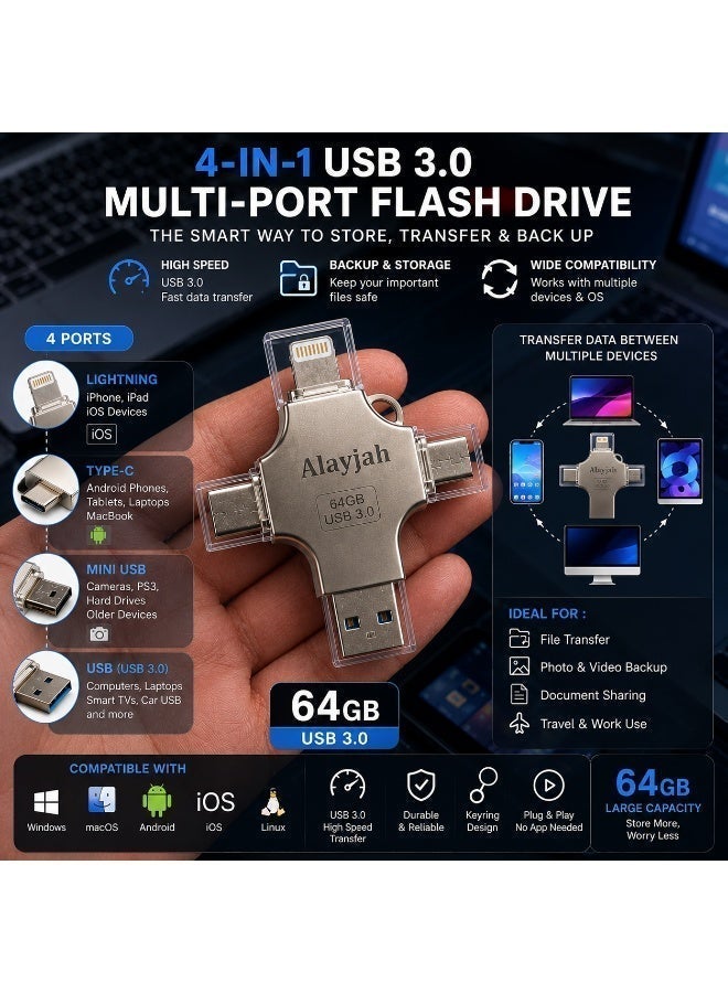العييجة ضمان سنة, فلاش ميموري معدني 4 في 1،  ضمان سنة، نوع-C، USB، Micro USB، لايتنينغ – متوافق مع أجهزة آبل، سامسونج وأندرويد، سعة 64 جيجابايت  + بطاقة هدية مجانية   10500100 - Image 2