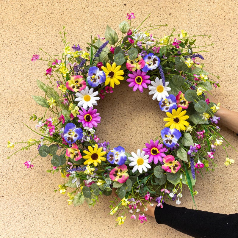 Yawwind 22 Inches Spring Wreaths for Front Door Farmhouse Summer Door Wreaths Colorful Spring Floral Wreath with Wildflower Pansy Orchid for Window Porches Indoor Decoration - Image 5