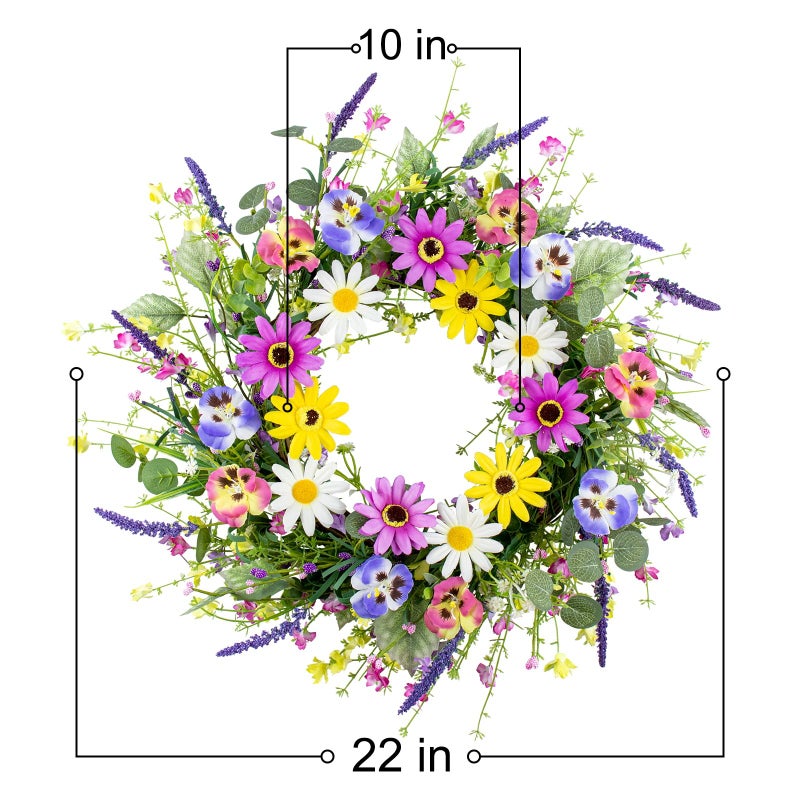 Yawwind 22 Inches Spring Wreaths for Front Door Farmhouse Summer Door Wreaths Colorful Spring Floral Wreath with Wildflower Pansy Orchid for Window Porches Indoor Decoration - Image 2