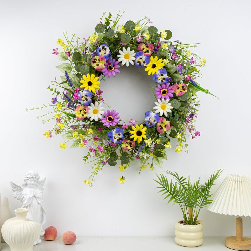 Yawwind 22 Inches Spring Wreaths for Front Door Farmhouse Summer Door Wreaths Colorful Spring Floral Wreath with Wildflower Pansy Orchid for Window Porches Indoor Decoration - Image 3
