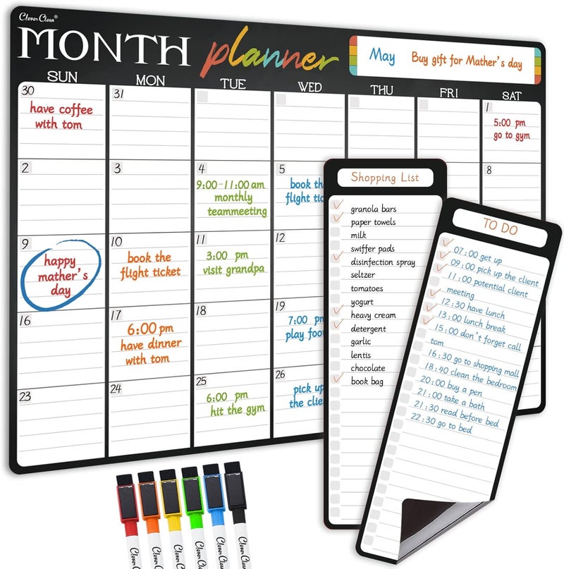 Clever Clean Magnetic Dry Erase Monthly Calendar - 17"x12" Monthly Calendar for Fridge - 4"x12" List Board 2 Pcs - 6 Extra Fine Point Markers Included - Shipped Flat - Image 1