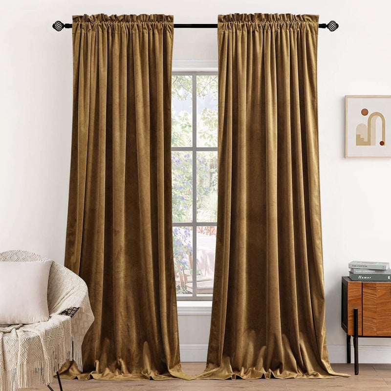 Dchola Gold Brown Velvet Curtains for Bedroom Window  Super Soft Vintage Luxury Heavy Drapes  Room Darkening Rod Pocket Curtain for Living Room  W52 by L108 inches  2 Panels - Image 1