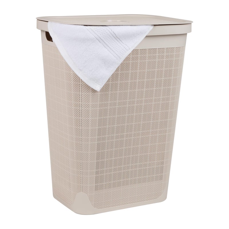 Mind Reader 60L Slim Laundry Hamper Clothes Basket Lid Linen Design Plastic Ivory