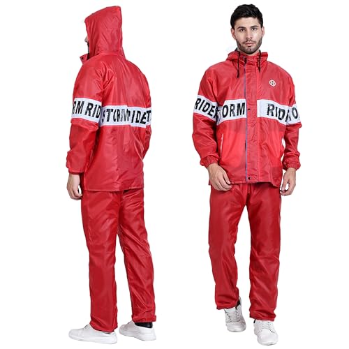 HACER Storm Rider Raincoat with Pants for Men Waterproof Full Length Hood & Pockets Rainwear for Gents and Boys Carry Bag Included- (Red, Size- XXL, 1 Pc) - Image 1