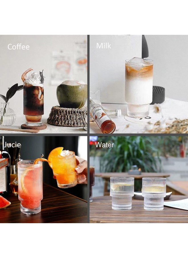 ALINK ALINK 16 oz Large Ribbed Glassware Drinking Glasses with Straws Set of 4, Vintage Glassware Iced Coffee Cups, Ridged Glass Tumbler for Coocktail, Whiskey, Beer, Water- 2 Brush  - Image 3