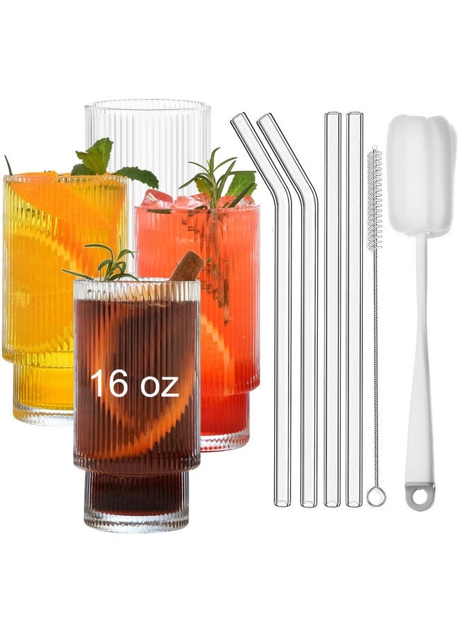 ALINK ALINK 16 oz Large Ribbed Glassware Drinking Glasses with Straws Set of 4, Vintage Glassware Iced Coffee Cups, Ridged Glass Tumbler for Coocktail, Whiskey, Beer, Water- 2 Brush  - Image 1