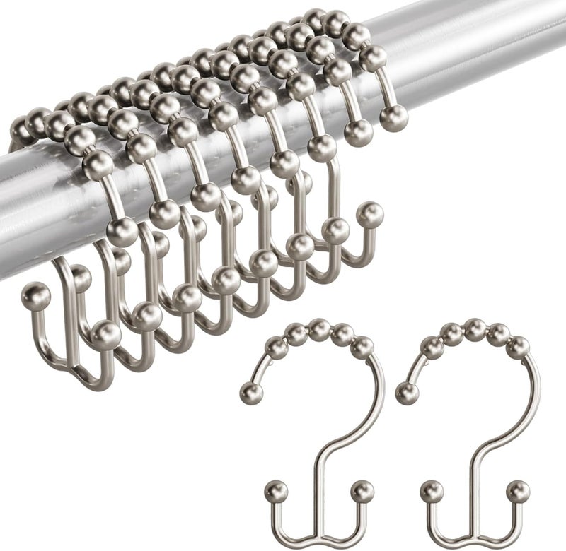 Amazer Shower Curtain Rings, Rust-Resistant Metal Double Shower Hooks for Curtain Rolling Shower Curtain Hooks Rings Shower Rings for Bathroom Shower Curtain Rod, Matte Nickel, Set of 12 Rings - Image 1