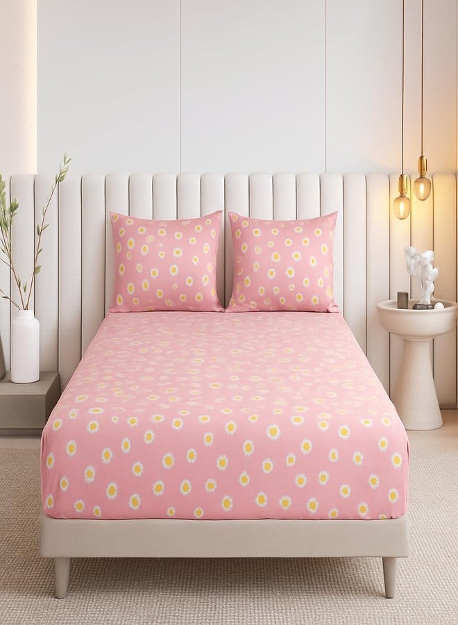VIVEA RESERVE 400 TC Cotton Feel Glace Cotton Fully Elastic Fitted Bedsheet Queen Size Double Bed with 2 Pillow Covers (60" × 78" inches, Pink Floral) - Image 1