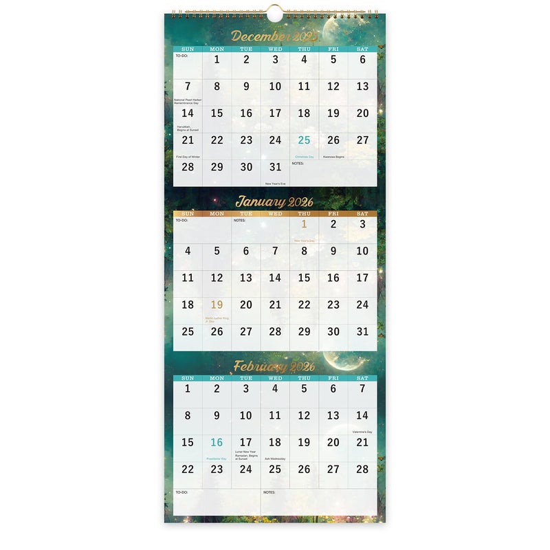 Pinchoco 2025 Wall Calendar - 3-Month Wall Calendar Display (Folded in a Month), JAN.2025 - DEC.2025, 11" x 26", 3 Month Calendar - Green - Image 1