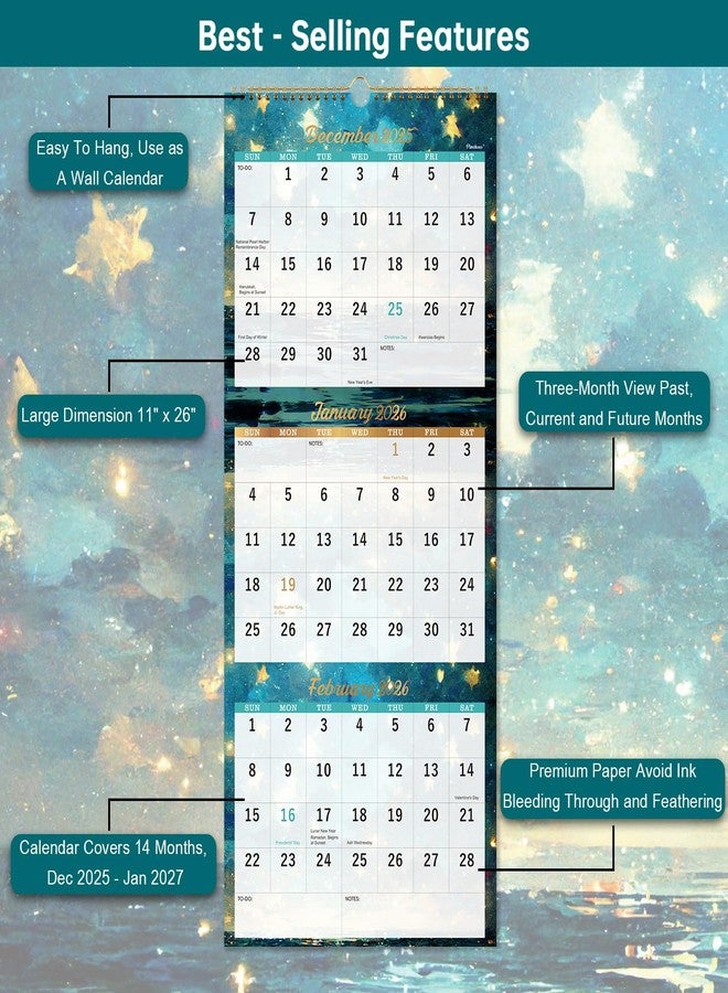 Pinchoco 2025 Wall Calendar - 3-Month Wall Calendar Display (Folded in a Month), JAN.2025 - DEC.2025, 11" x 26", 3 Month Calendar - Green - Image 4