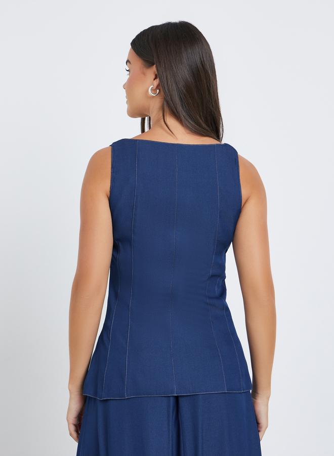 Styli Dark Blue Panelled Peplum Top - Image 5