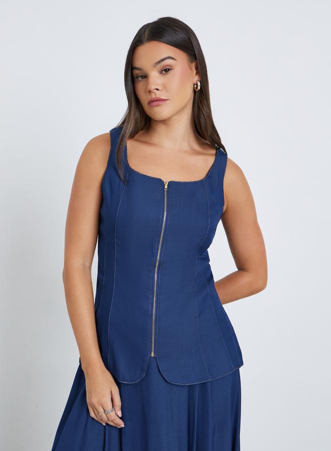 Styli Dark Blue Panelled Peplum Top - Image 3