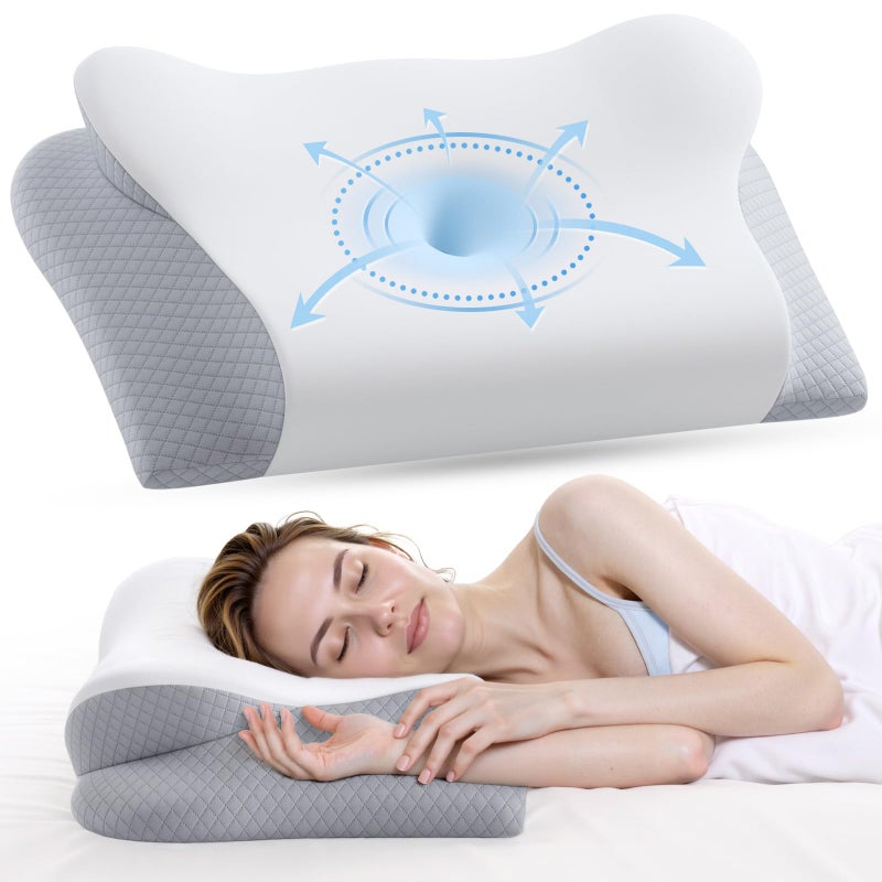 Secailog Dual-Firmness Memory Foam Neck Pillow - Ergonomic Contour Cervical Neck Pillow for Side Back Stomach Sleepers, 2-in-1 Orthopedic Neck Support Pillow with Cooling Pillowcase - Image 1