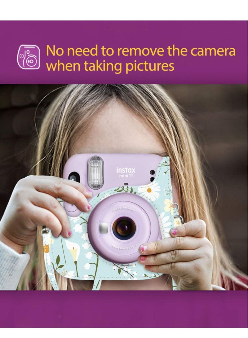 Captaintech Camera Bag Camera Protection Bag Vintage Floral PU Leather Camera Storage Bag with Shoulder Strap for Instax Mini 11 Fresh Green Small Daisy Camera Bag - Image 5